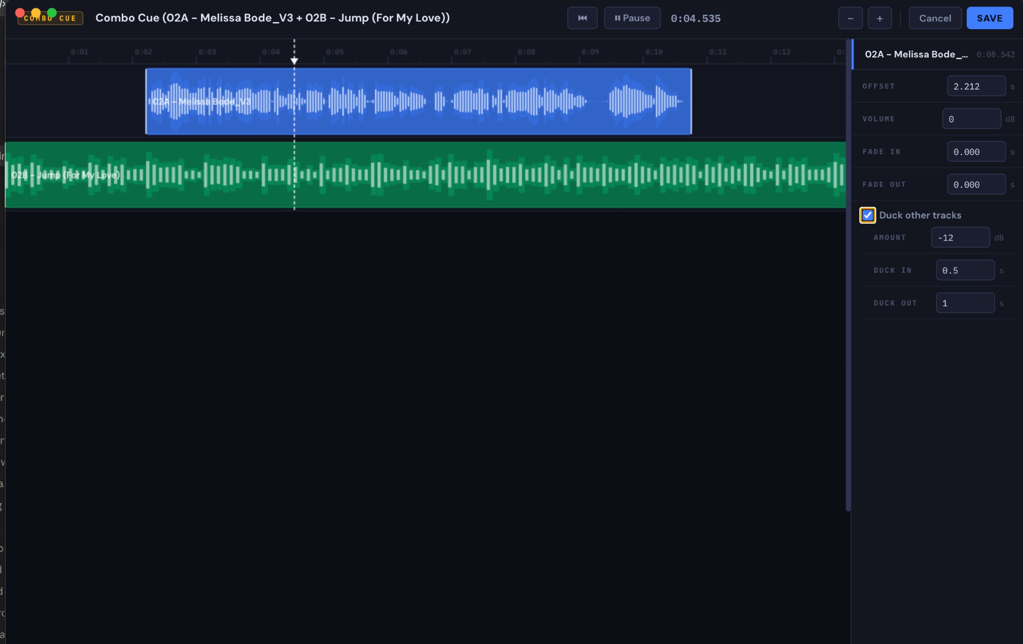 Combo cue editor with offset, fade, and auto-ducking