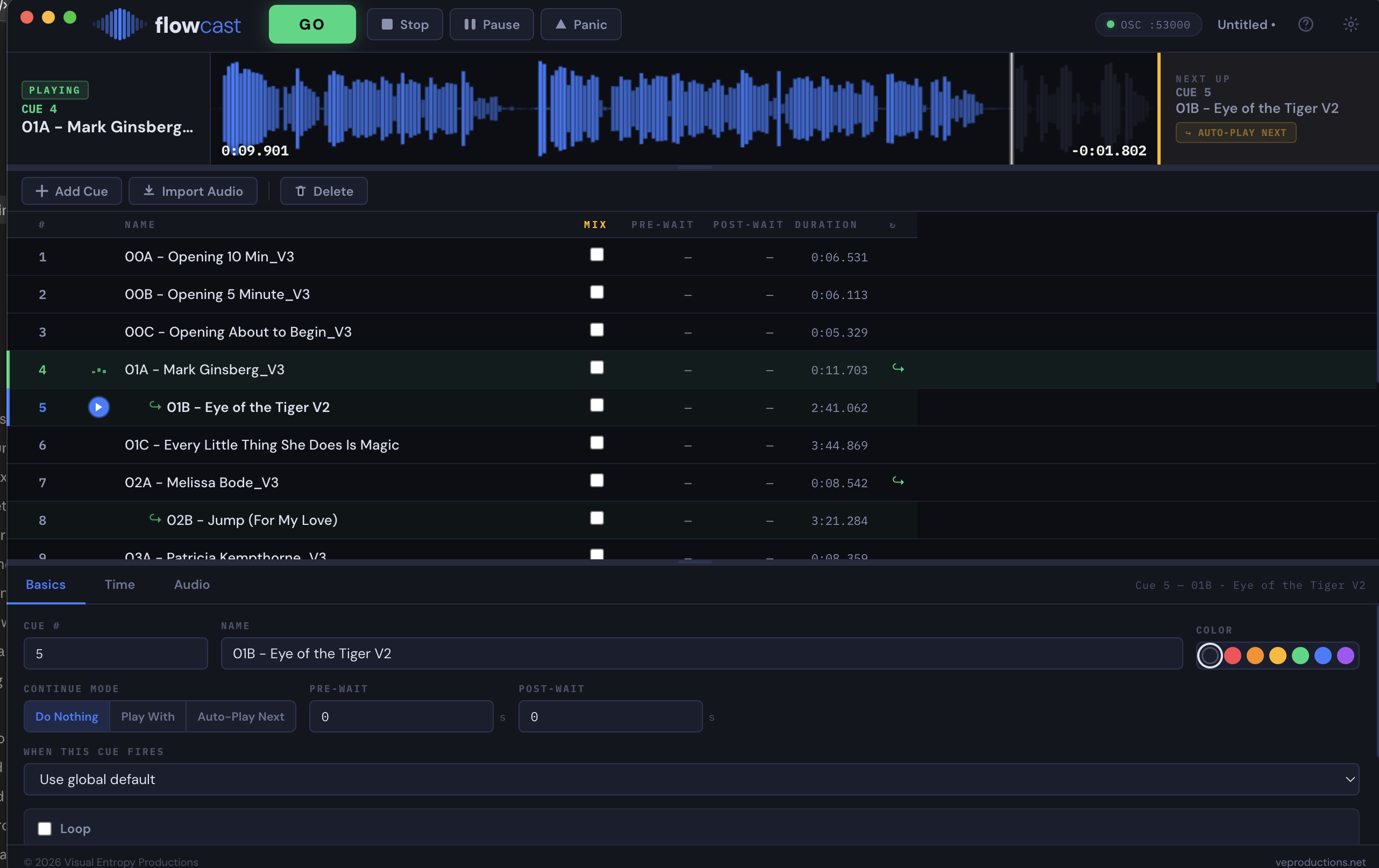 FlowCast main interface — cue list with transport bar, waveform, and timing columns