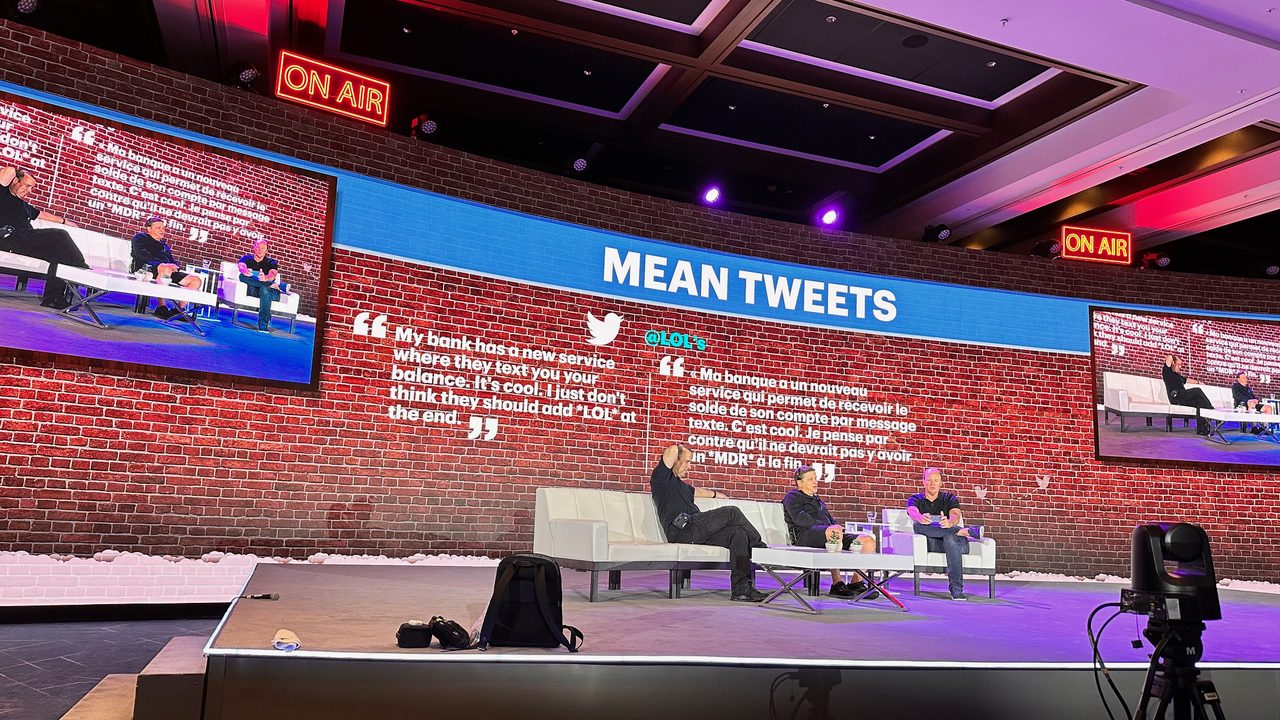 Banking conference creative segment with brick wall LED design and ON AIR signage