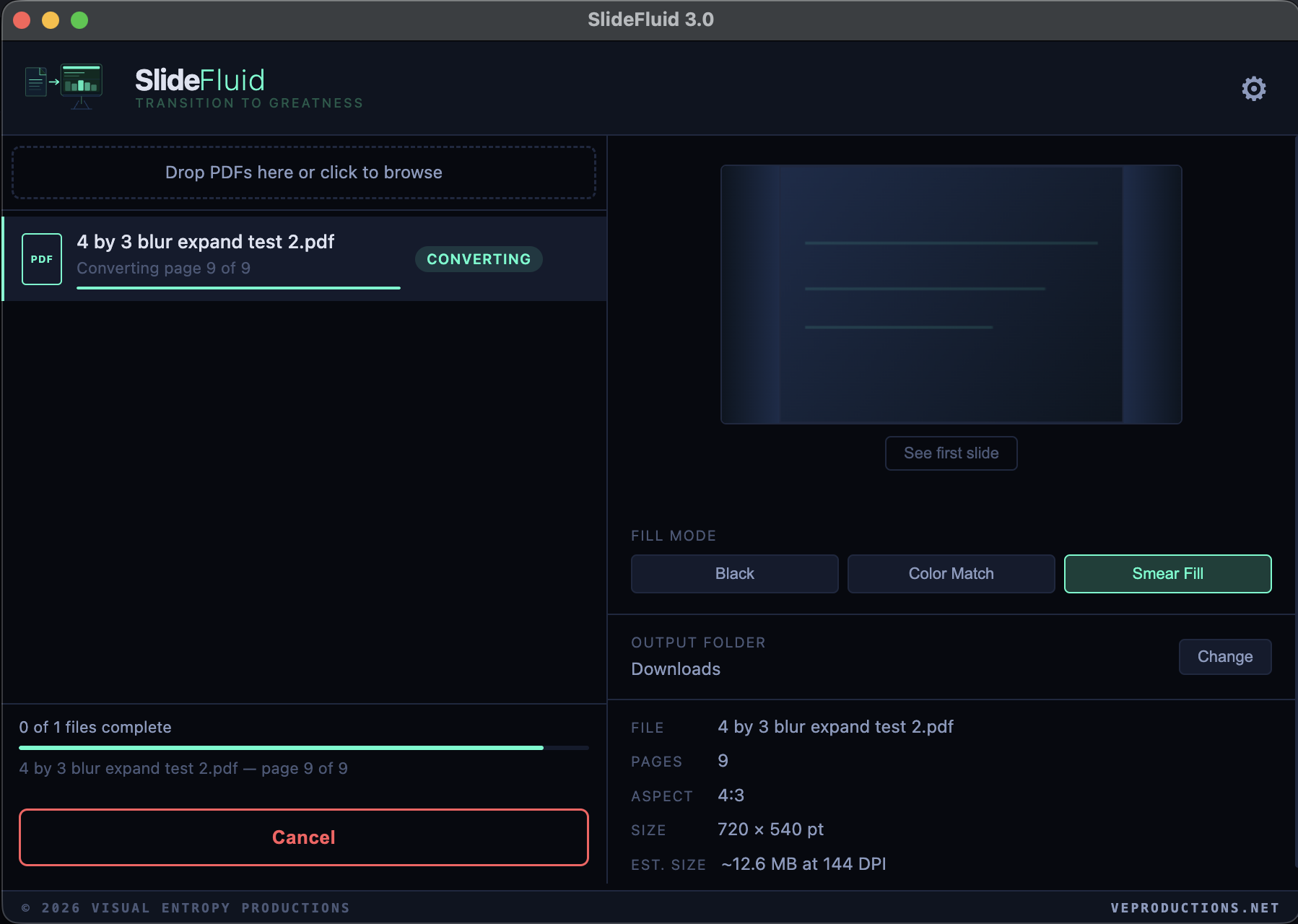 SlideFluid main interface — queue, preview, fill mode selector